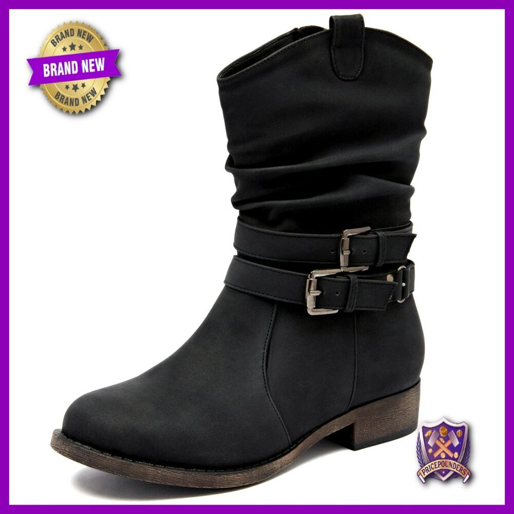Mid-Calf Cowboy Boots Low Chunky Heel Side Zipper Motorcycle Western Style
